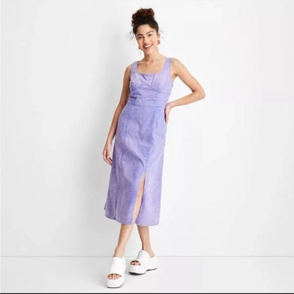 Future Collective Purple Denim Midi Dress Size 6 | Scoop Neck Front Slit - Picture 2 of 7